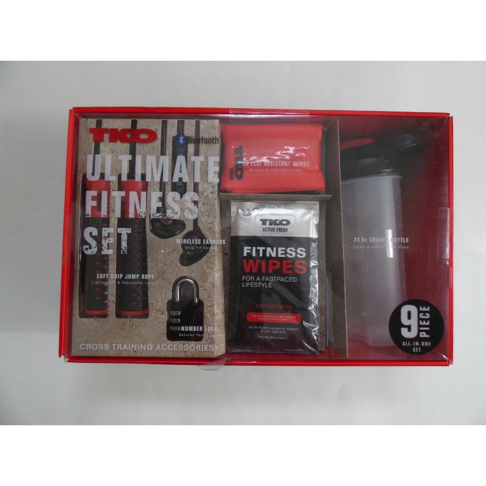 TKO Ultimate Fitness Set 9 Piece shaker bottle mobile battery jump rope earbuds